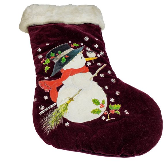 Vintage Velvet Finish Cloth Christmas Stocking w/Faux Fur Cuff & Snowman 17" - Picture 1 of 5